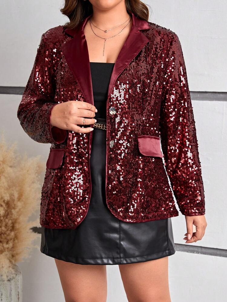 Plus Size Sequined False Pocket Blazer