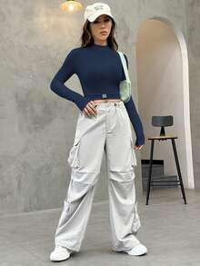 SHEIN EZwear 針織女式修身字母圖案t卹 - 藏蓝色 - 查看 3