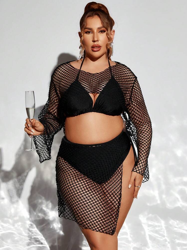 Plus Size 4pcs Solid Color Bikini Set With Triangle Cups & Mesh Cover Up Set Summer