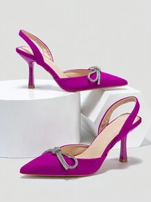 Tacones De Aguja De Punta De Mujer Con Pedrería - Brillo De recubierto Brillante Zapatos De Mujer Sin Respaldo Con Pedrería Para Fiestas, Primavera - Rosa Fucsia - Ver 3