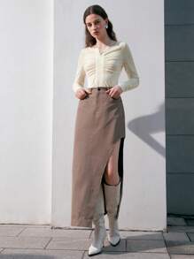 Anewsta Notched-neck Long Sleeve T-shirt