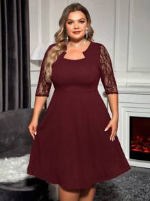 SHEIN Clasi Vestido de encaje con contraste para mujer de talla grande - Burdeos - Ver 3