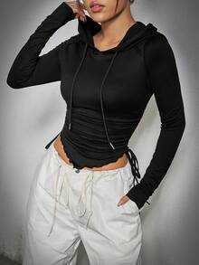 SHEIN EZwear 女士帽t拉繩t恤 - 黑色 - 查看 5