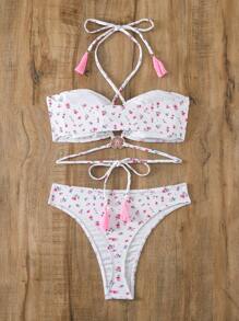 SHEIN Swim Summer Floral Print Cross Halter Neck Bikini Set - Multicolor - View 8