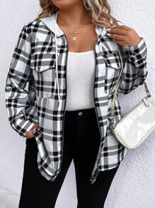 SHEIN LUNE Chaqueta Con Capucha Y Cordón Con Estampado De Cuadrícula De Talla Grande - Blanco y Negro - Ver 1