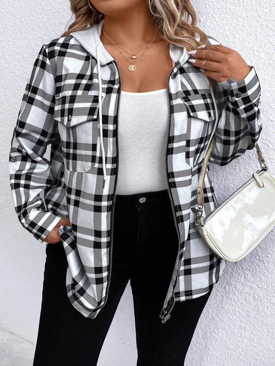 SHEIN LUNE Chaqueta Con Capucha Y Cordón Con Estampado De Cuadrícula De Talla Grande - Blanco y Negro - Ver 1