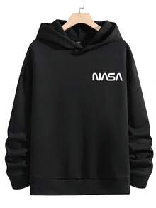 Manfinity Homme Áo nỉ trùm đầu cỡ lớn cho nam có in chữ và tàu vũ trụ và lót nhiệt - màu đen - Xem 3
