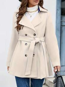 SHEIN LUNE Áo khoác ngoài màu trơn có khóa cài hai hàng khuy và thắt lưng - Màu be - Xem 1