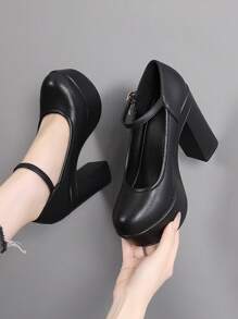 女士高跟單鞋,厚底跟,女性春秋百搭厚底鞋,新款黑色鞋子,正式12厘米旗袍模特t型走秀鞋 - 黑色 - 查看 1