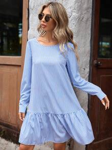 SHEIN LUNE Peter Pan Collar Striped Dress With Back Buttons And Ruffled Trimline - Blue and White - View 4