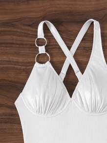 SHEIN Swim Women's Back Cross One-Piece Swimsuit Wedding Summer - Silver - View 5