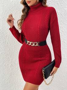 Chiquease 高領麻花編織落肩袖毛衣洋裝 - 紅色 - 查看 1