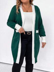 SHEIN LUNE Khối màu Cạnh Nối Giải trí Áo len Mở - Màu xanh lá cây đậm - Xem 3