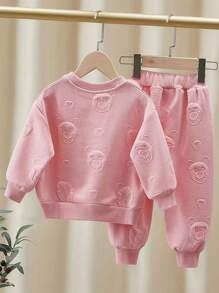 Infant Girls' Casual Round Neck Long Sleeve Embossed Bear Sweatshirt And Pants Set - Pink - View 2