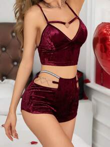 Hollow Out Heart Ring Velvet Pajama Set