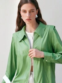 Anewsta Camisa Con Cremallera De Doble Cabeza De Color Liso Para Mujer - Verde - Ver 8