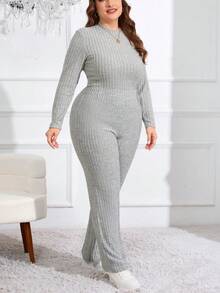 SHEIN Essnce 大碼小高領下擺開叉T恤和褲子 - 淺灰色 - 查看 4