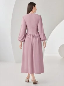 Modelyn Pearls Decorated Pleated Waist Lantern Sleeves Dress - Pink - View 2