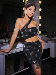 SHEIN ICON Vestido De Lentejuelas Ahuecado Con Diseño De Pentagrama De Un Solo Hombro - Negro - Ver 3