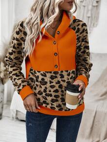 Women's Leopard Print Raglan Sleeve Hooded Sweatshirt - Orange - View 5