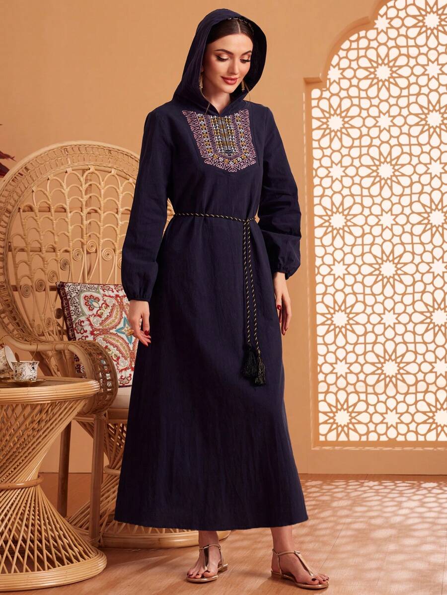 Al Najma Women's Long Sleeve Hooded Modest Casual Djellaba Dress - Navy Blue - View 1