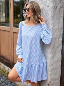 SHEIN LUNE Peter Pan Collar Striped Dress With Back Buttons And Ruffled Trimline - Blue and White - View 2