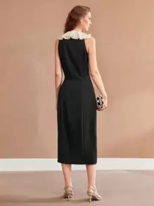 MOTF PREMIUM 编织女式撞色荷叶边开衩下摆连衣裙，情人节装 - 黑色 - 查看 7