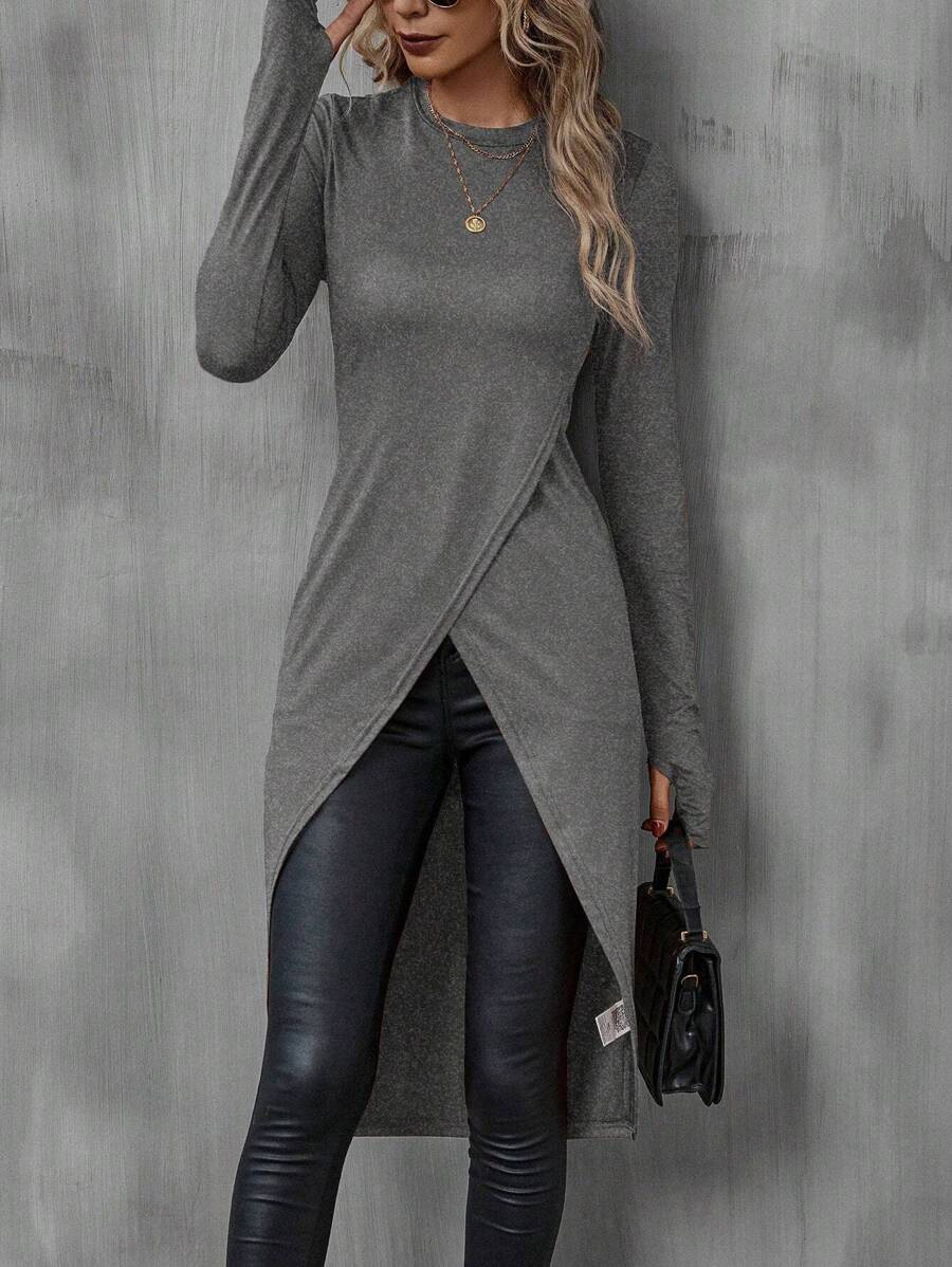 SHEIN LUNE Women's Round Neck Asymmetrical Hem T-Shirt - Grey - View 1