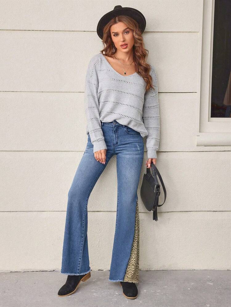 Women's Leopard Print Patchwork Flared Jeans