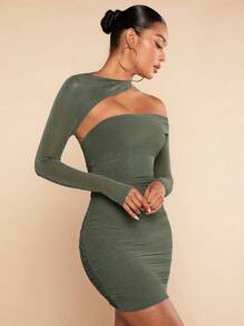 SHEIN BAE Women's Asymmetrical Neckline Hollow Out Dress With Sequins Accent And Slim Fit Design - Army Green - View 4