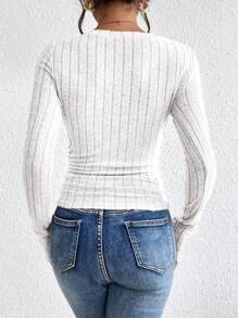 SHEIN Frenchy Women's Ribbed V Neck Grain Fabric Basic Long Sleeve T-Shirt Winter White Casual Spring - White - View 2
