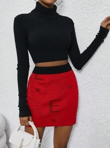 SHEIN Clasi 女式撞色针织字母图案毛衣裙 - 酒紅色 - 查看 6