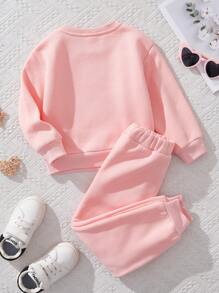 年輕女孩休閒卡通圖案長袖套頭衫和褲子套裝,適用於秋冬季 - 粉色 - 查看 2