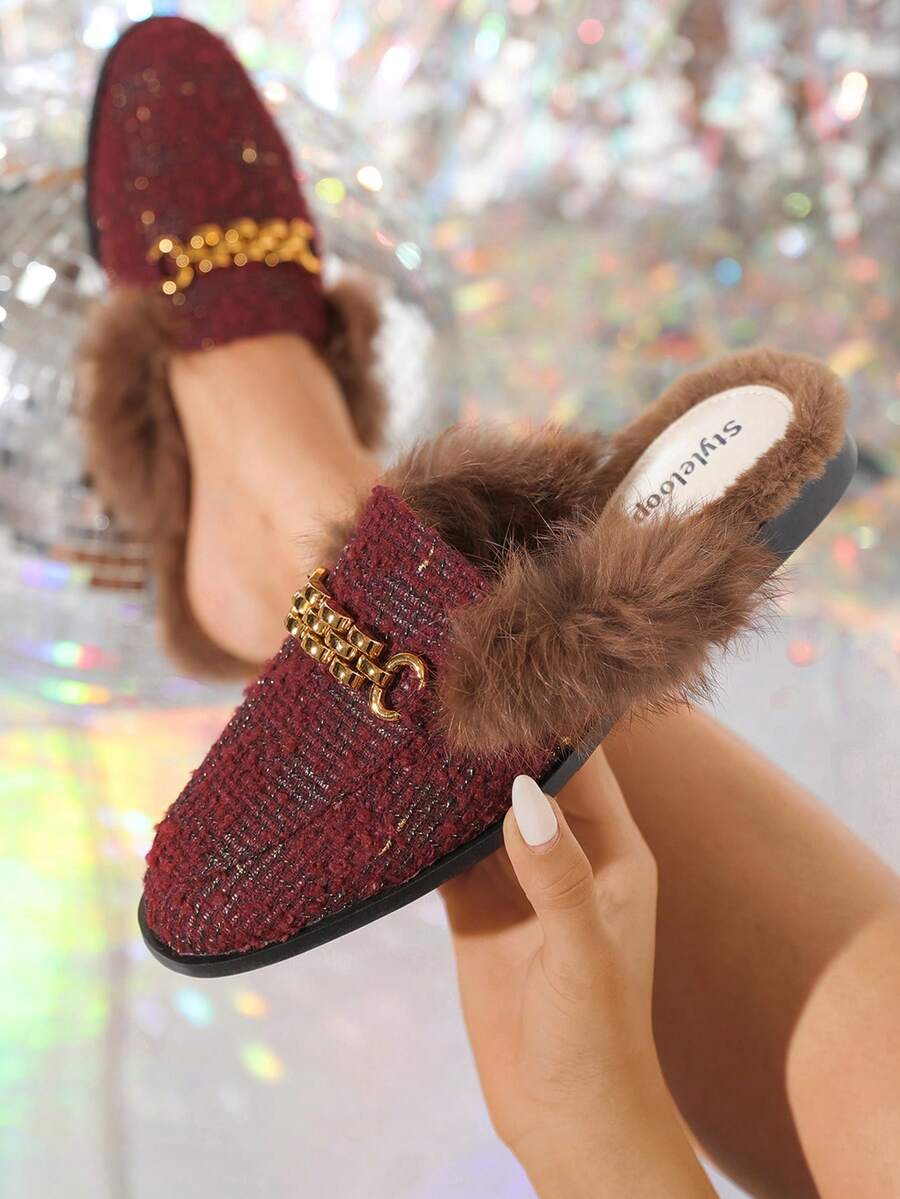 Autumn/winter Red Flat Fur Slipper Shoes - Red - View 1