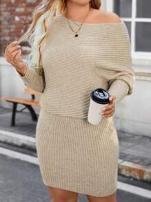 Calvaya 大尺寸純色蝙蝠袖毛衣連身裙 - 杏色 - 查看 5