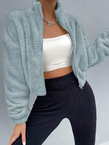 SHEIN Unity Solid Color Teddy Zip Front Jacket With Drop Shoulder - Blue - View 6