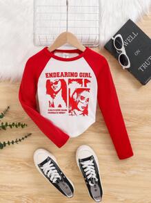 SHEIN 女童針織拼色t卹,圓領連肩袖設計,休閒短款上衣 - 紅色 - 查看 1