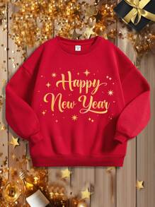 女童長袖圓領毛絨衛衣,印有口號 - 紅色 - 查看 1