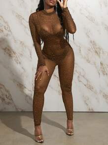 Slaydiva Women'S Rhinestone Embellished Sheer Mesh Unitard Jumpsuit - Brown - View 3