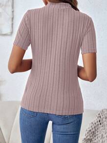 SHEIN Clasi Women's Solid Color Stand Collar Ribbed Knit T-shirt - Dusty Pink - View 2