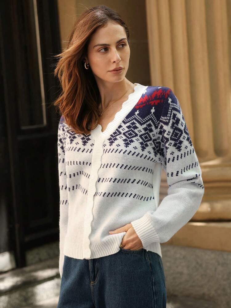 Geo Pattern Button Front Cardigan Winter Casual