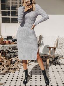 SHEIN LUNE 純色高開叉毛衣連衣裙 - 灰色 - 查看 1