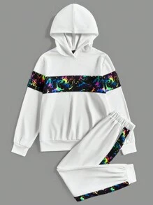 Muchica Knitted Set For Women: Graffiti Print Hoodie And Sweatpants, With Luminous Design - White - View 5