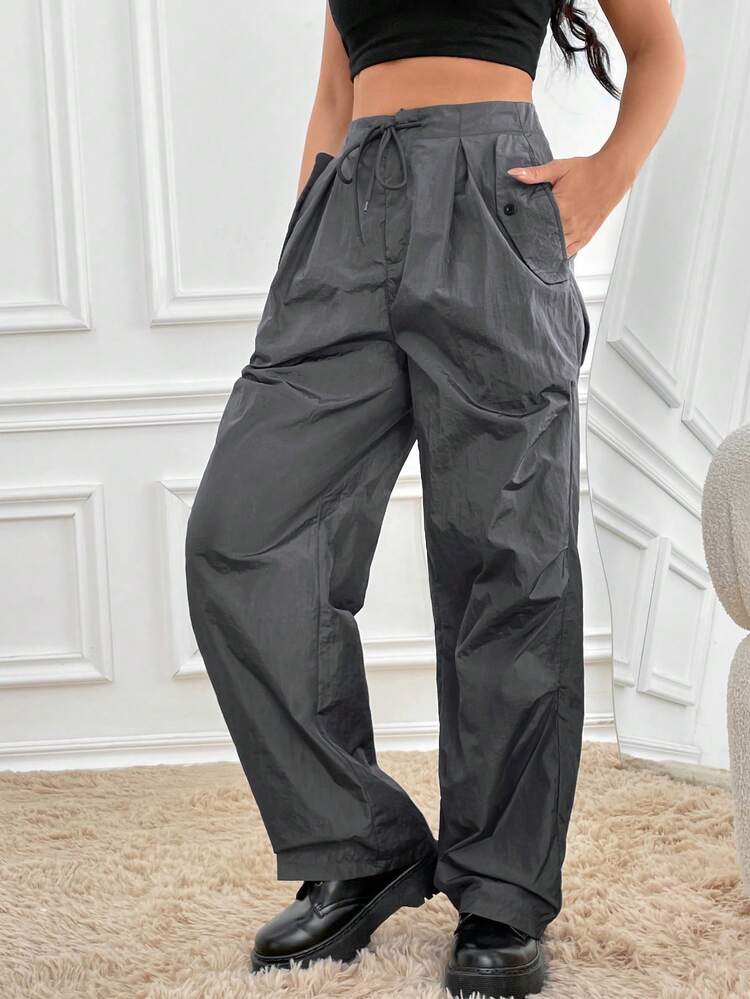 Solid Color Elastic Waist Drawstring Parachute Pants Fall Cloth For Women