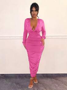 SHEIN SXY Women's Solid Color Deep V-neck Pleated Dress - Pink - View 3