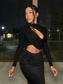 SHEIN SXY 女士镂空不对称下摆上衣 - 黑色 - 查看 1