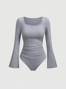 Sweetra Solid Bell Sleeve Ruched Glitter Bodysuit - Light Grey - View 1