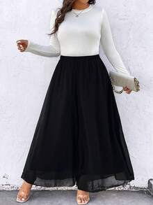 SHEIN LUNE 大尺寸純色寬腿網眼褲 - 黑色 - 查看 4