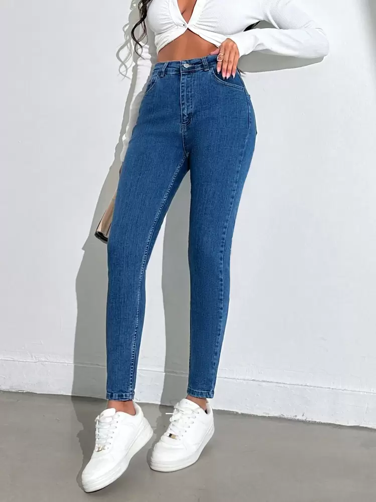 SHEIN Cottnline 女式修身牛仔褲 - 中等水洗藍 - 查看 6