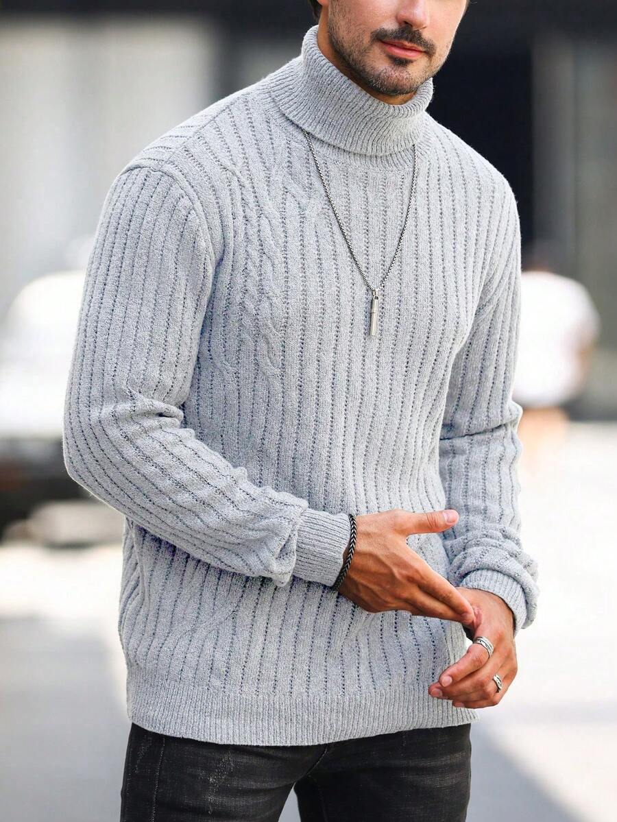 Manfinity Homme Men's Turtleneck Long Sleeve Sweater - Light Grey - View 1